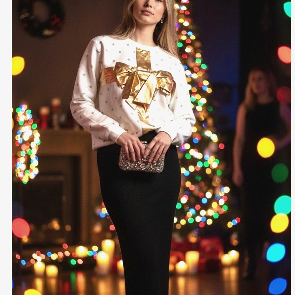 Ugly Xmas Holiday Sweatshirt Gold Metallic BOW 3D Present Stars Comfy Cozy Fun L